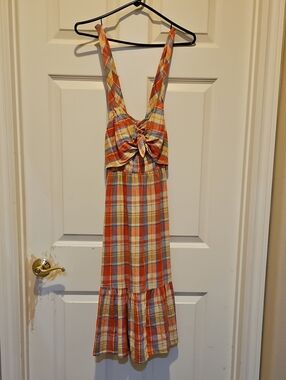 LC Lauren Conrad Orange and Cream Plaid Tie-Front Midi Dress